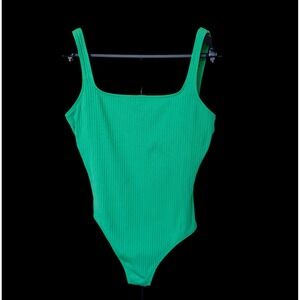 Polo Ralph Lauren Green Ribbed One Piece Swimsuit Square Neck Low Back Large